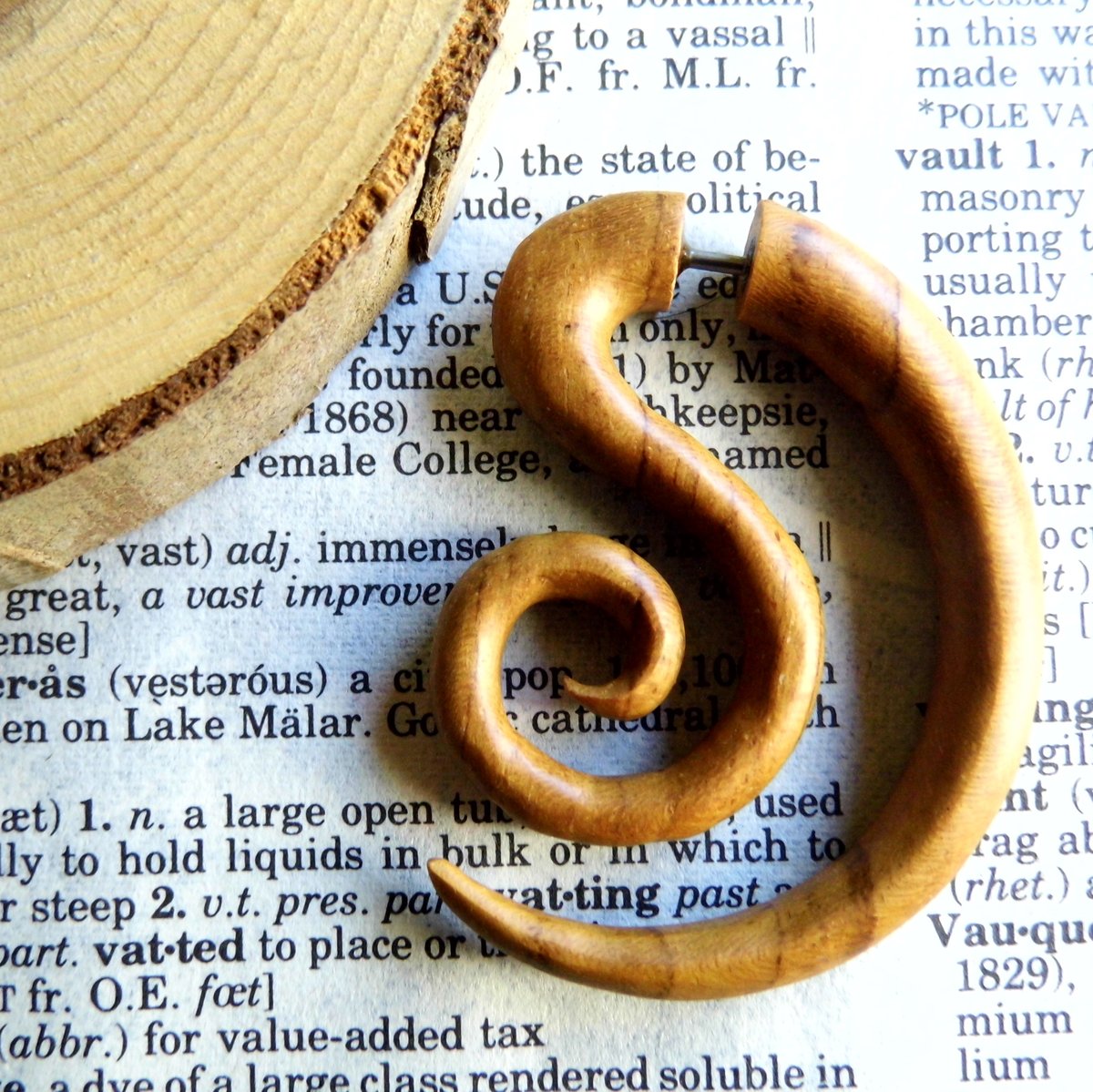 Large Light Wood Tribal Faux Gauge Spiral Earring