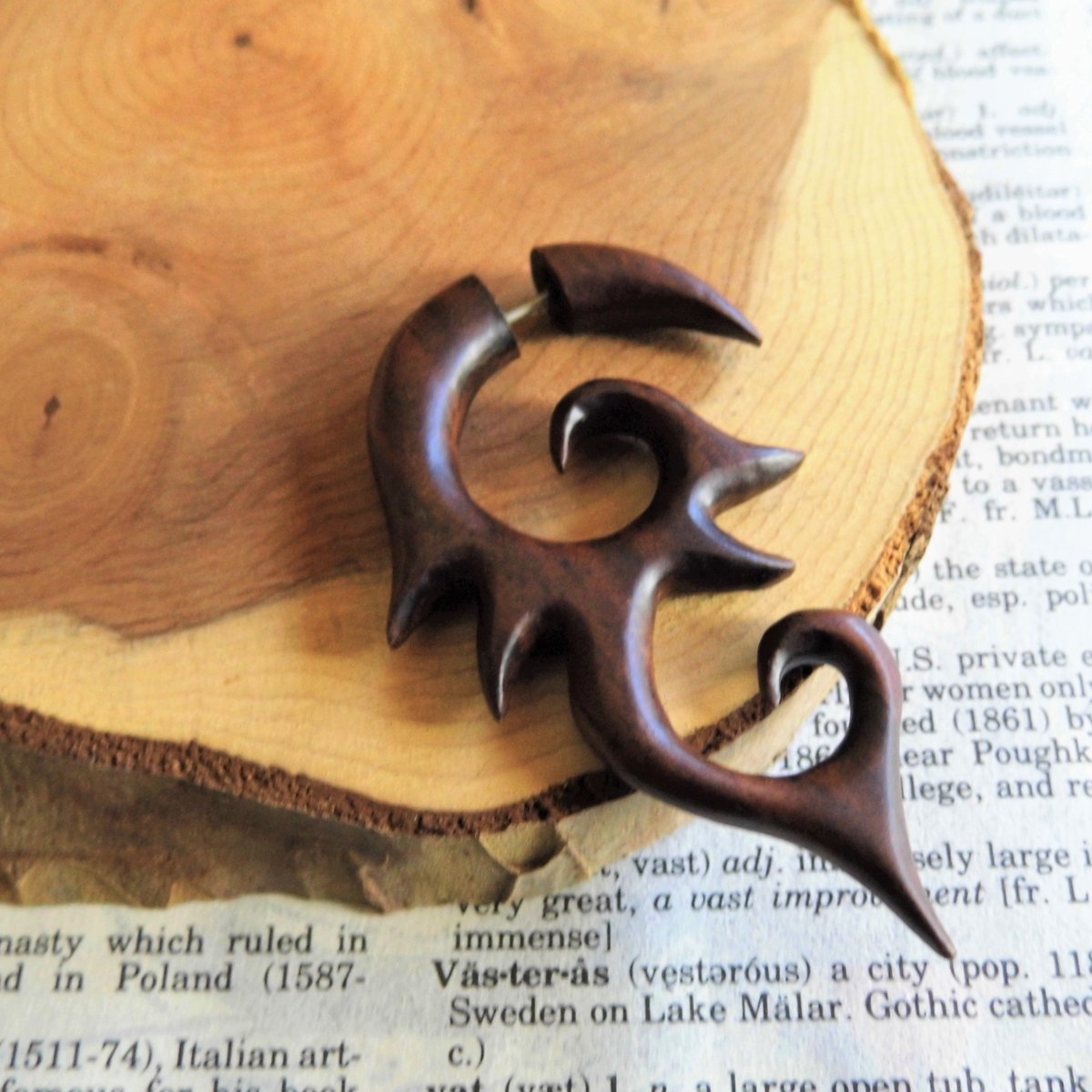 Tribal Wood Earring Faux Gauge