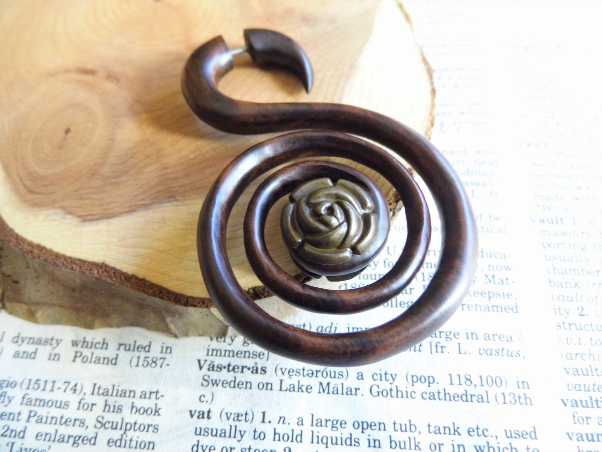 Spiral Rose Extra Large Wood Earring Faux Expander