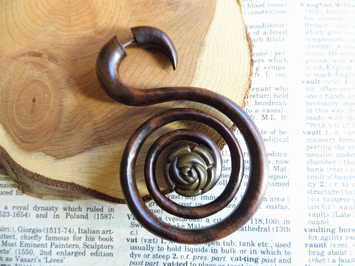 Spiral Rose Extra Large Wood Earring Faux Expander