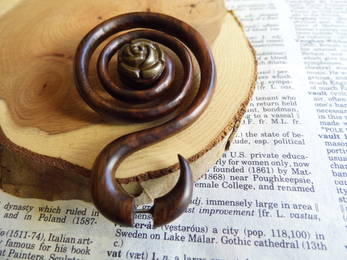 Spiral Rose Extra Large Wood Earring Faux Expander