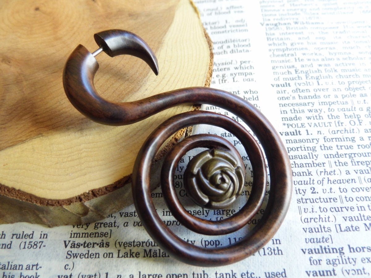 Spiral Rose Extra Large Wood Earring Faux Expander