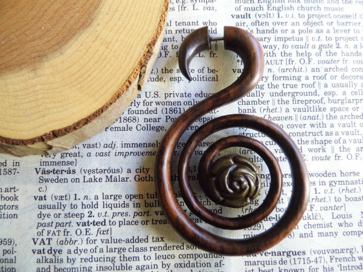 Spiral Rose Extra Large Wood Earring Faux Expander