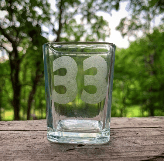 Image of Hand etched "33" Shot Glass