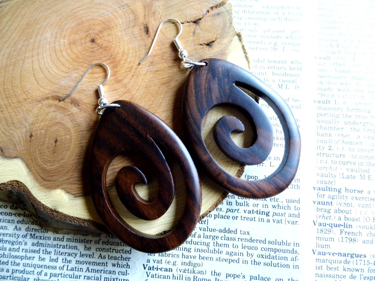 Wood Earrings Drop Dangle Silver Spiral Wave