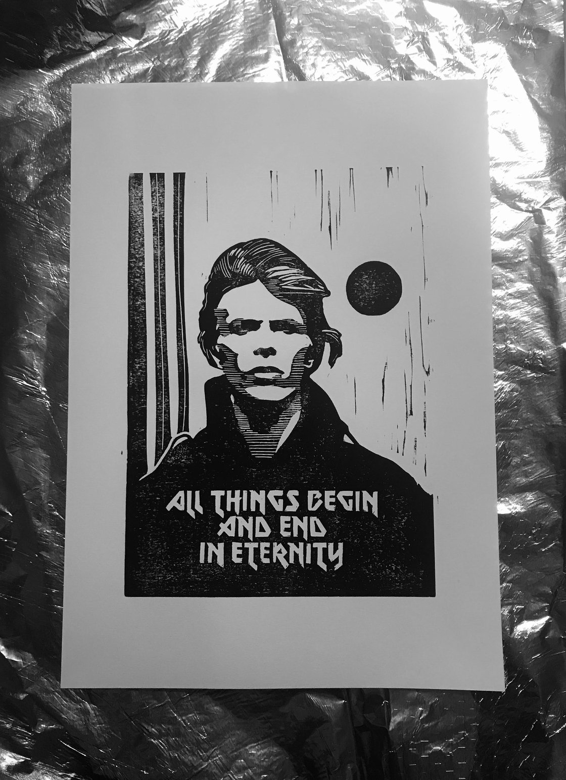 Image of David Bowie. The Man Who Fell To Earth  Hand Made. Original A4 linocut print.