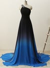 Chic One Shoulder Chiffon Blue and Black Party Dress, Gradient Prom Dress