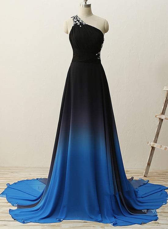 Chic One Shoulder Chiffon Blue and Black Party Dress, Gradient Prom Dress