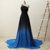 Chic One Shoulder Chiffon Blue and Black Party Dress, Gradient Prom Dress
