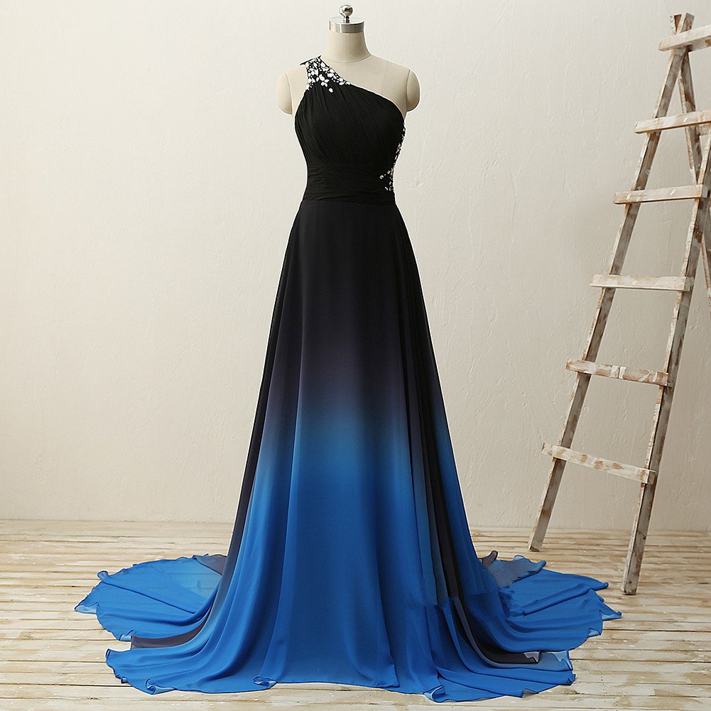 Chic One Shoulder Chiffon Blue and Black Party Dress, Gradient Prom Dress
