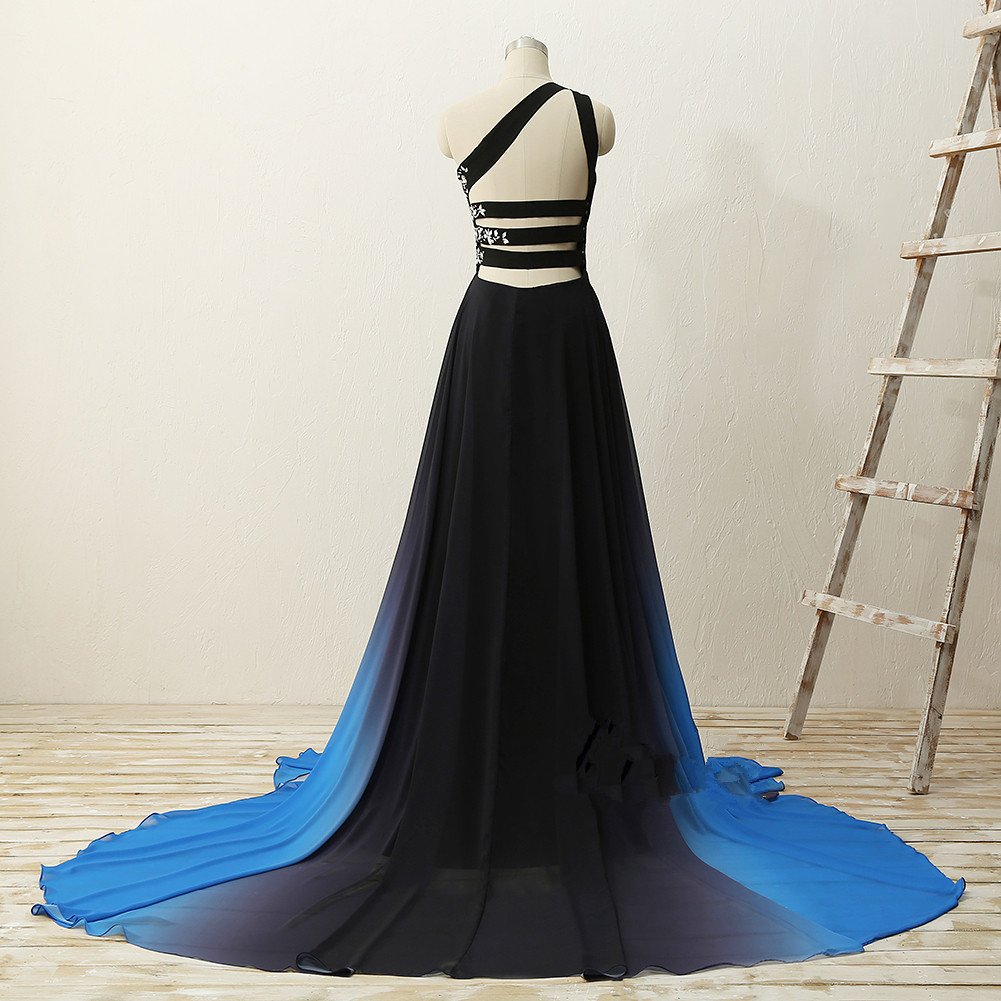 Chic One Shoulder Chiffon Blue and Black Party Dress, Gradient Prom Dress