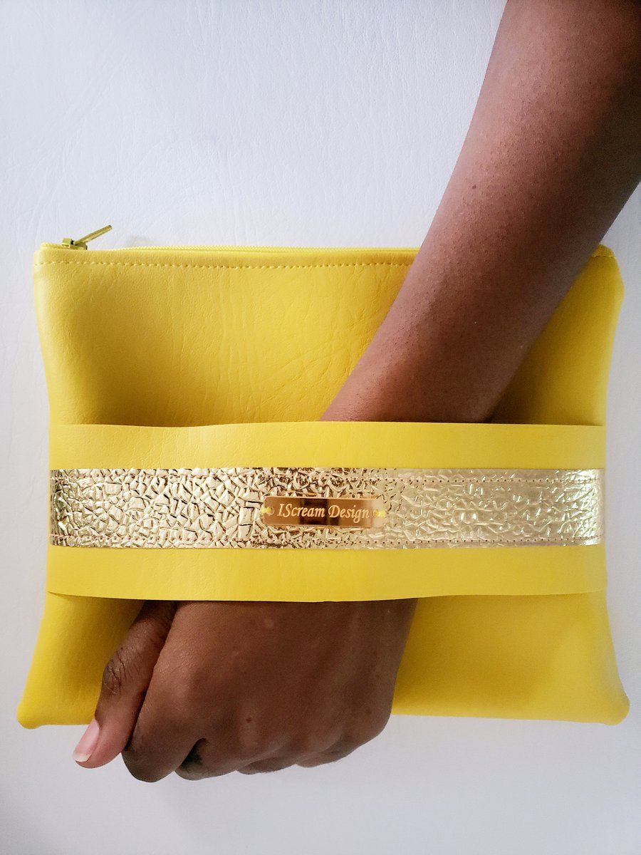 Image of Neon Yellow Gold Clutch With Hand Strap