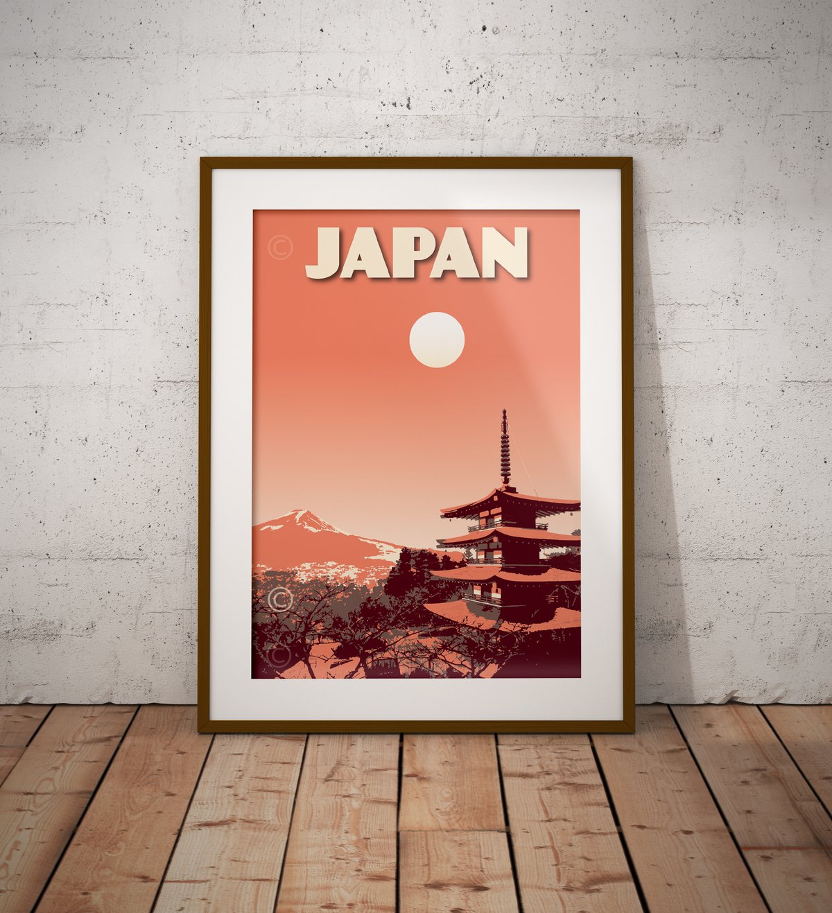 Image of Japan Print | Vintage poster Japan Mt. Fuji | Pagoda Chureito | Travel Poster | Gift | Coral