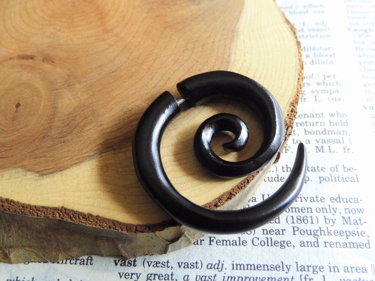 Large Black Wooden Spiral Earring