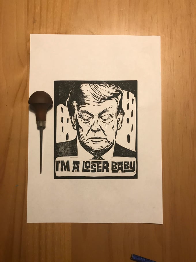 Image of Donald Trump. Loser  Hand Made. Original A4 linocut print.