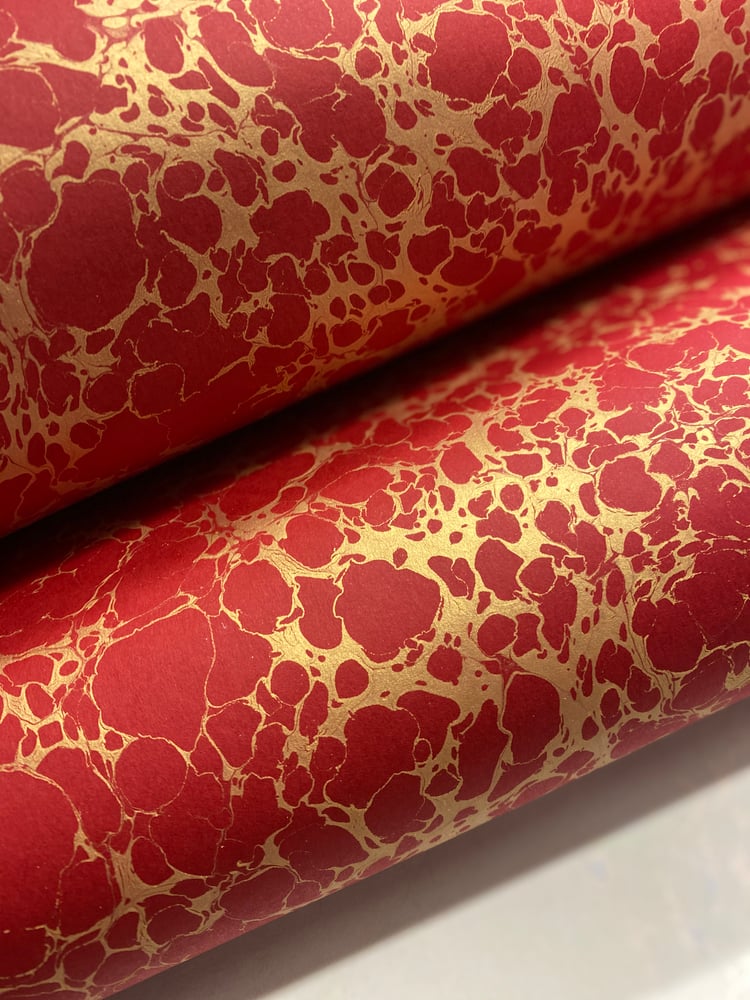 Image of Marbled Paper #30 'Gold Italian vein' hand marbled on red base paper