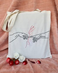 Design ‘The Creation of Adam - Hands with Scratches’ hand embroidered tote bag