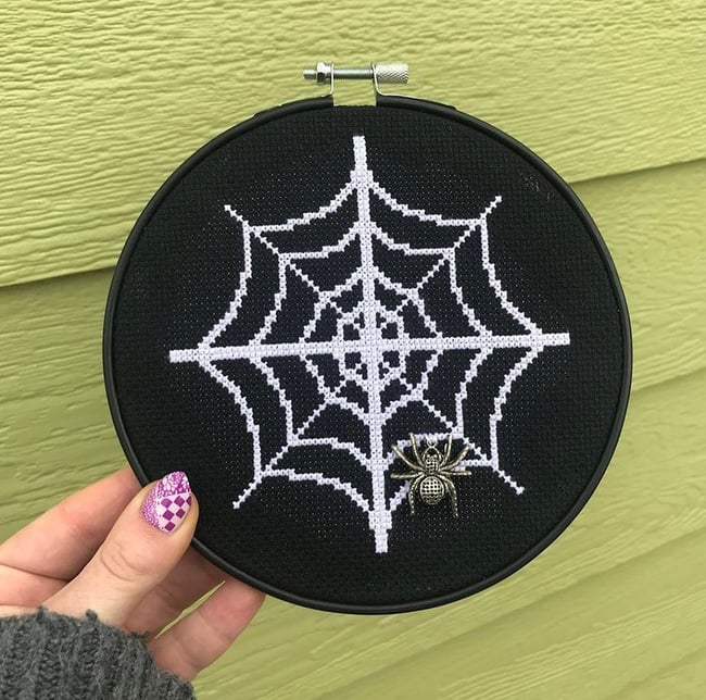  🕷 Spider Web & Charm Cross Stitch, Approx. 6x6 Inches