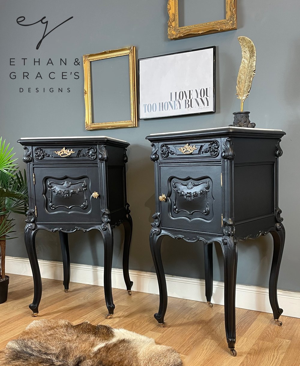 Image of Stunning black & gold French oak and marble bedside tables 