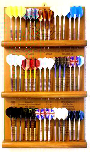 Image of   2025 Handcrafted Darts Holder Holds 15 Sets Engraved PDC Winners Wall Mounted