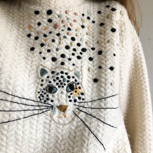 Image of The Cheetah - original hand embroidery on upcycled 100% wool sweater, one of a kind, oversized