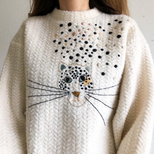 Image of The Cheetah - original hand embroidery on upcycled 100% wool sweater, one of a kind, oversized
