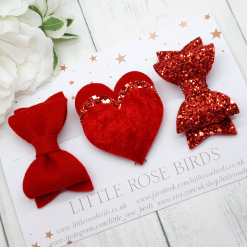 Red Valentines Heart Bow Set