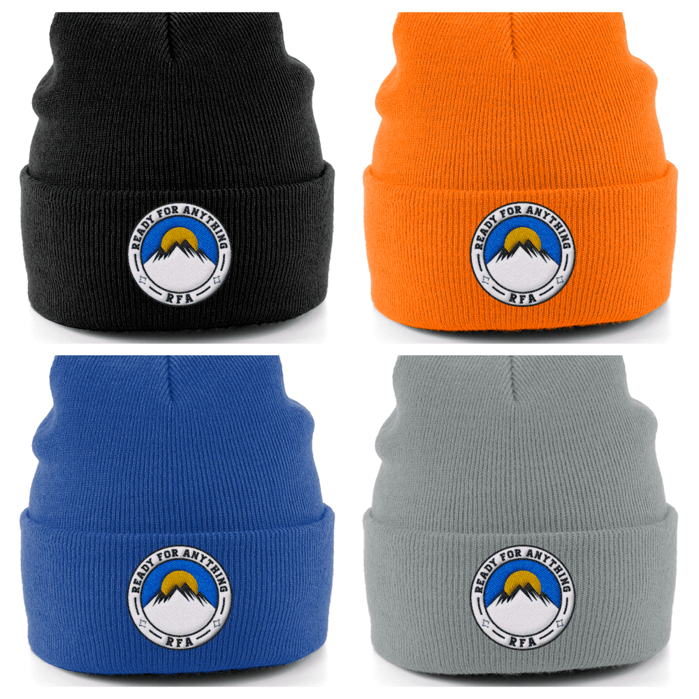 Image of 4 Embroidered Cuffed Beanies - Black, Heather, Bright Royal, Fluorescent orange