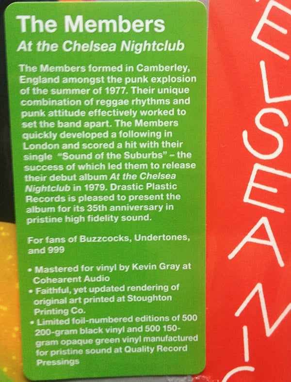 the MEMBERS - "At The Chelsea Nightclub" LP - Green Vinyl