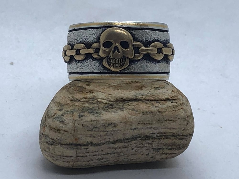 Image of Brass Skull and Chain Silver Ring (Handmade and Handcarved)