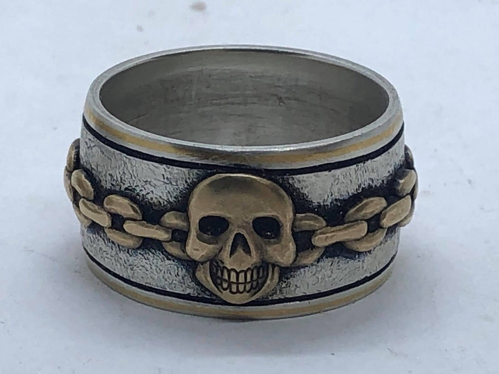 Image of Brass Skull and Chain Silver Ring (Handmade and Handcarved)