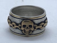 Image 1 of Brass Skull and Chain Silver Ring (Handmade and Handcarved)