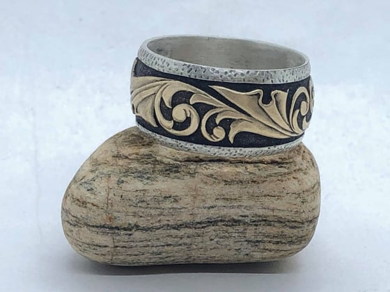 Image of Silver Ring w/ Carved Brass Filigree (Handmade & Handcarved)