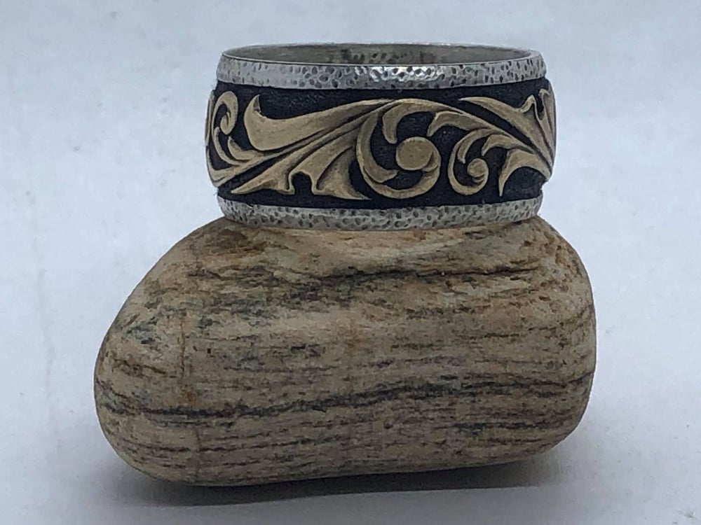 Image of Silver Ring w/ Carved Brass Filigree (Handmade & Handcarved)