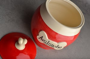 Image of Dog Treat Jar Red and White "Avalanche" by Symmetrical Pottery