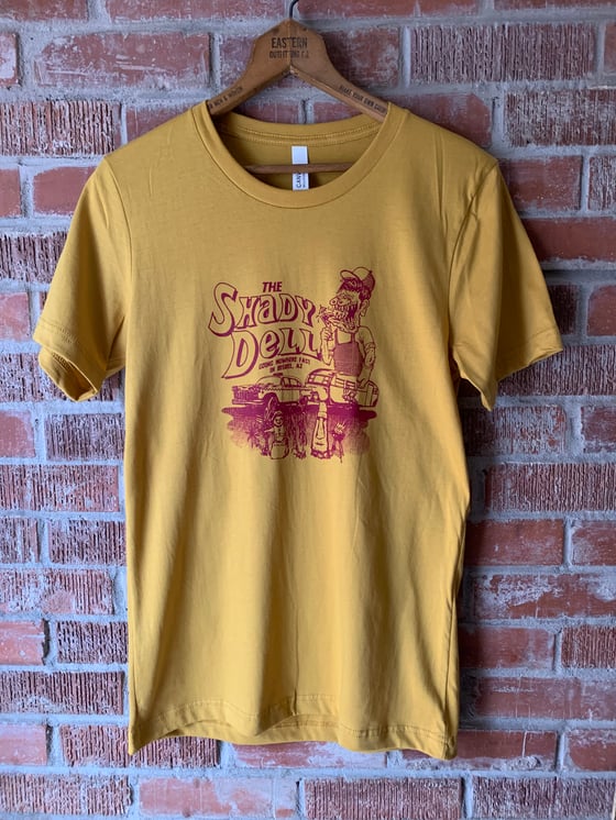 Image of Mustard Tee with NEW Design in Maroon