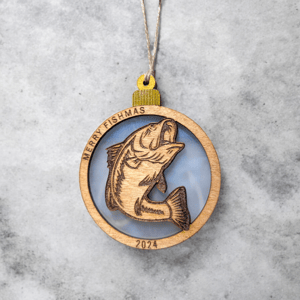 Image of Merry Fishmas Christmas Wooden Ornament with GLASS Middle