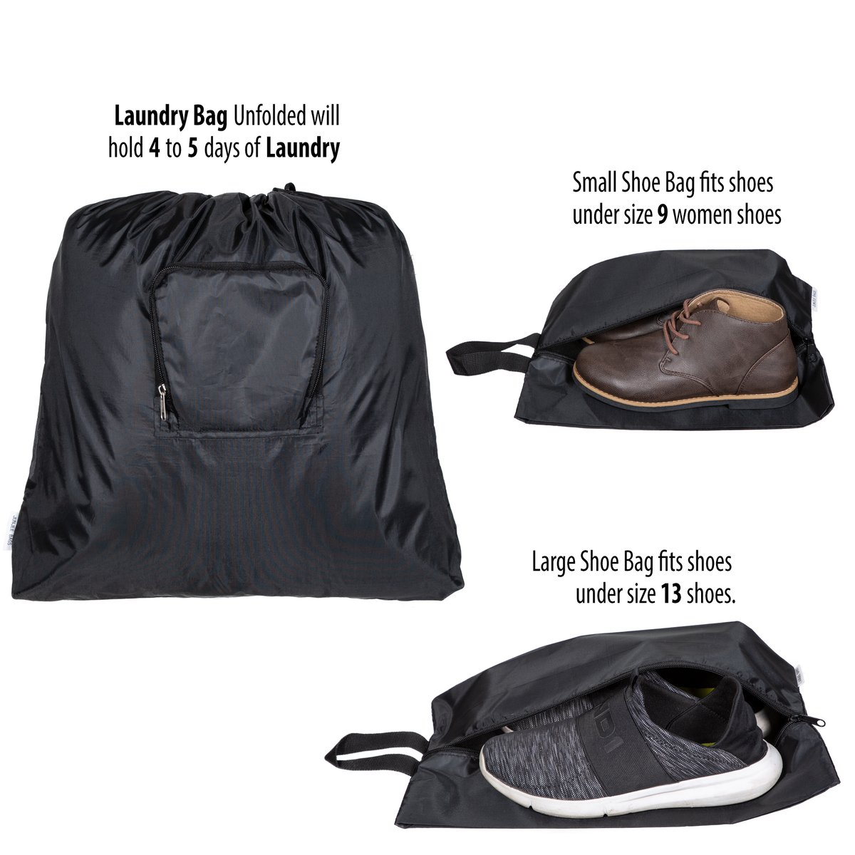 Travel Laundry Bag and Bonus Set of Two Shoe Bag/Pouch