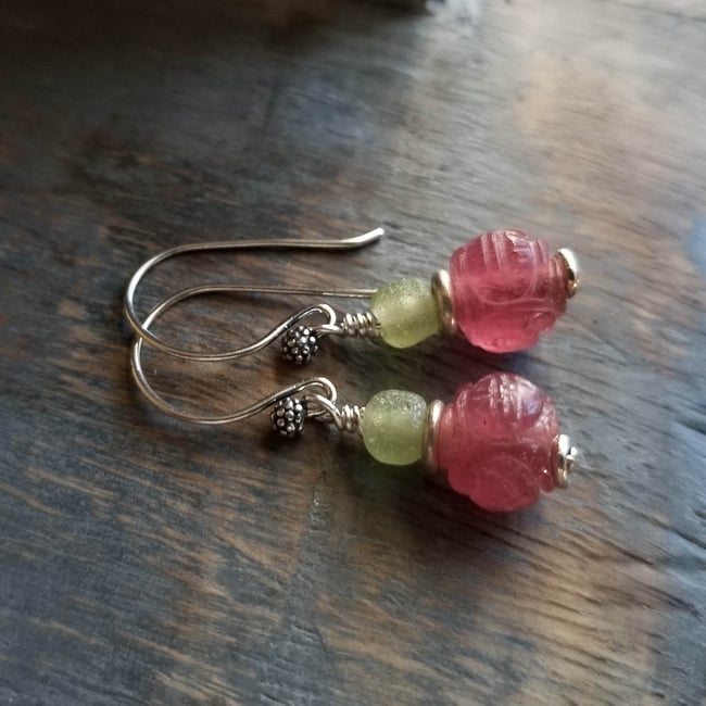 Watermelon Pink Etched Glass Earrings
