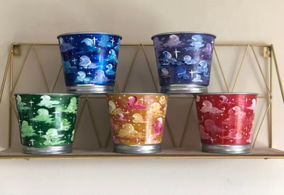 Image of Plant Pots with Hand Painted Clouds, Purple, Green, Yellow or Red