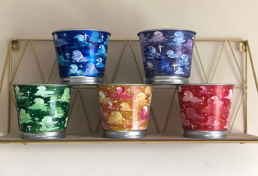 Image of Plant Pots with Hand Painted Clouds, Purple, Green, Yellow or Red