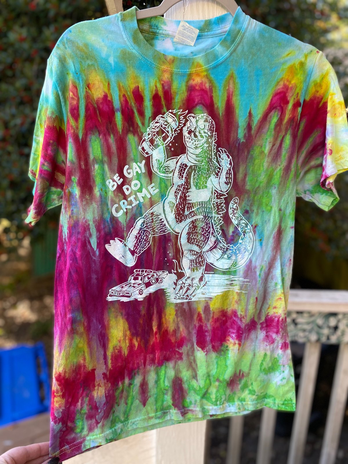 Image of SMALL Godzilla Be Gay Do Crime Tie Dye Shirt 4