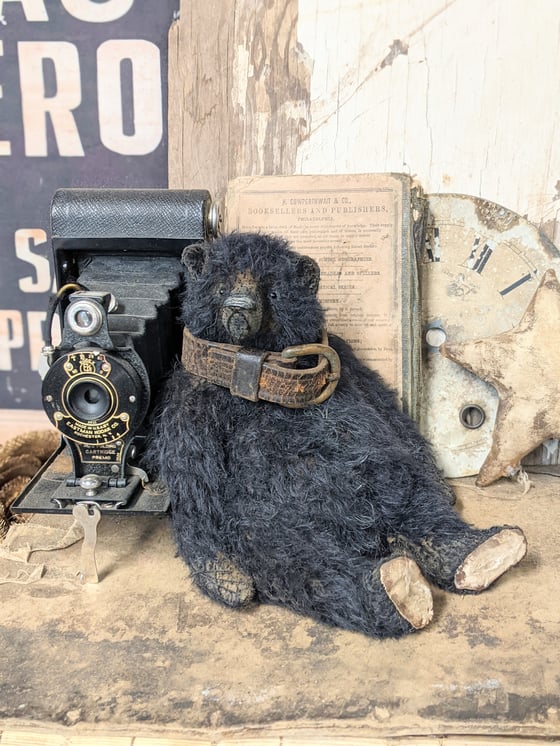 Image of Rare ALL BLACK Mohair 10" fat Teddy Bear antique leather collar by Whendi's Bears