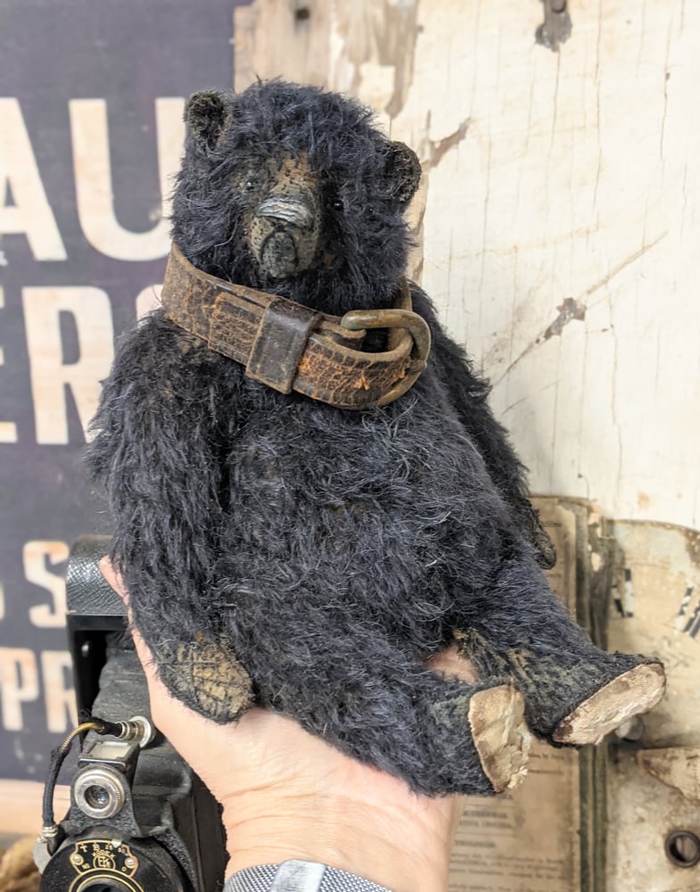 Image of Rare ALL BLACK Mohair 10" fat Teddy Bear antique leather collar by Whendi's Bears