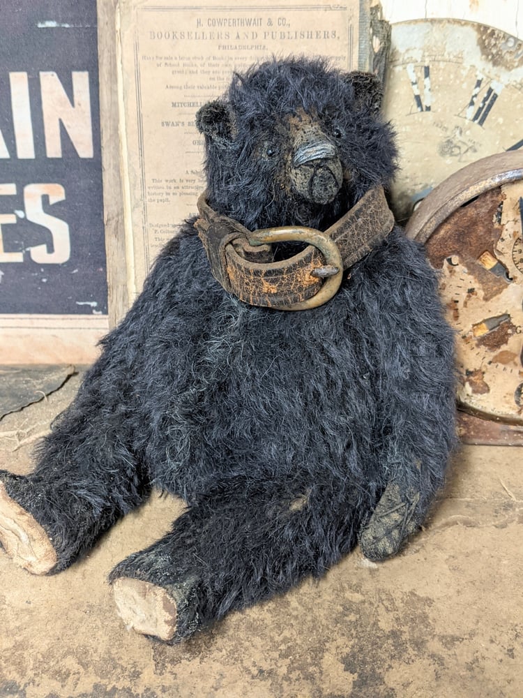 Image of Rare ALL BLACK Mohair 10" fat Teddy Bear antique leather collar by Whendi's Bears