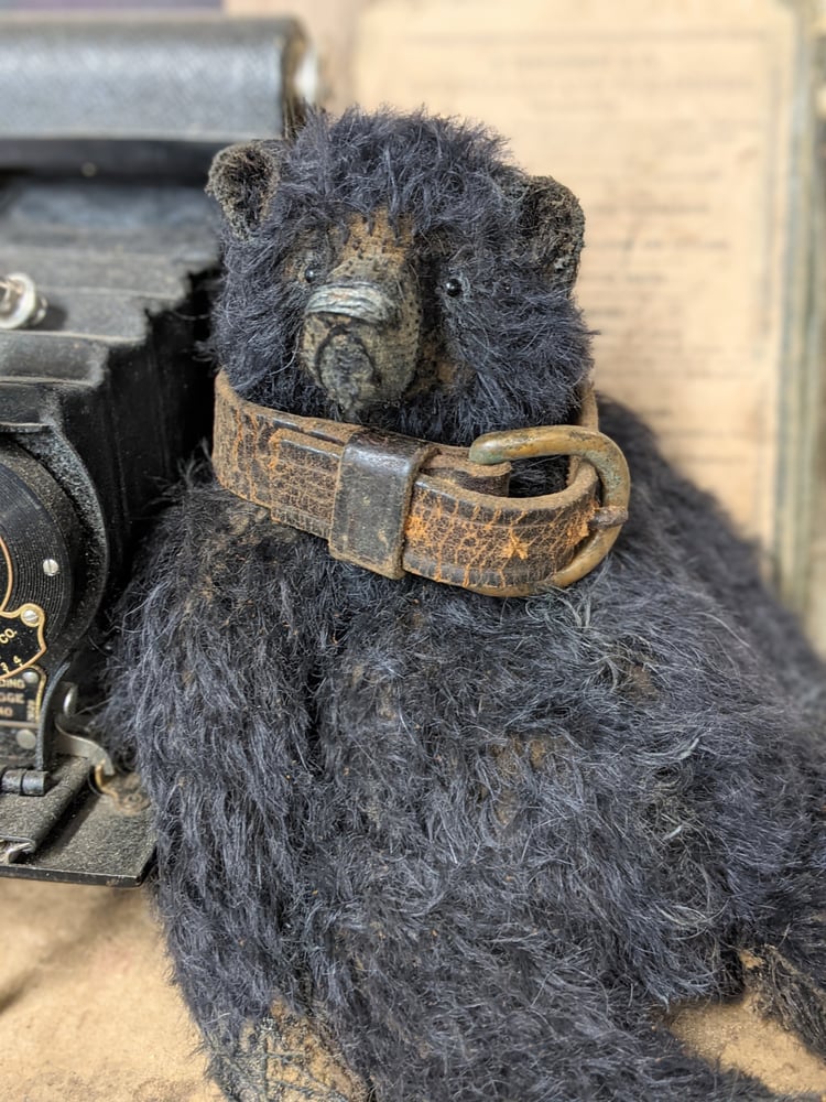 Image of Rare ALL BLACK Mohair 10" fat Teddy Bear antique leather collar by Whendi's Bears