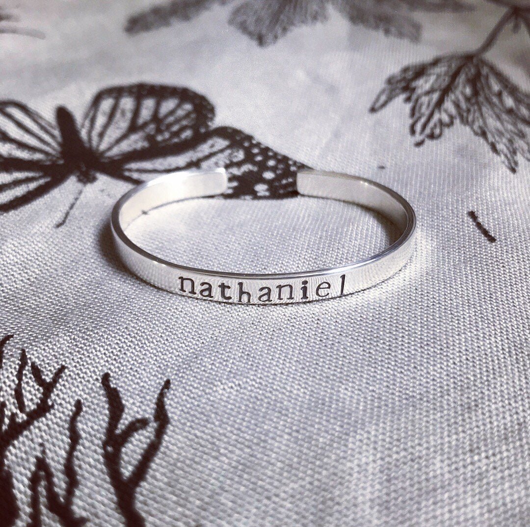 Image of Childrens/adults sterling silver cuff bracelet, hand stamped name (4mm). Personalised silver cuff.m