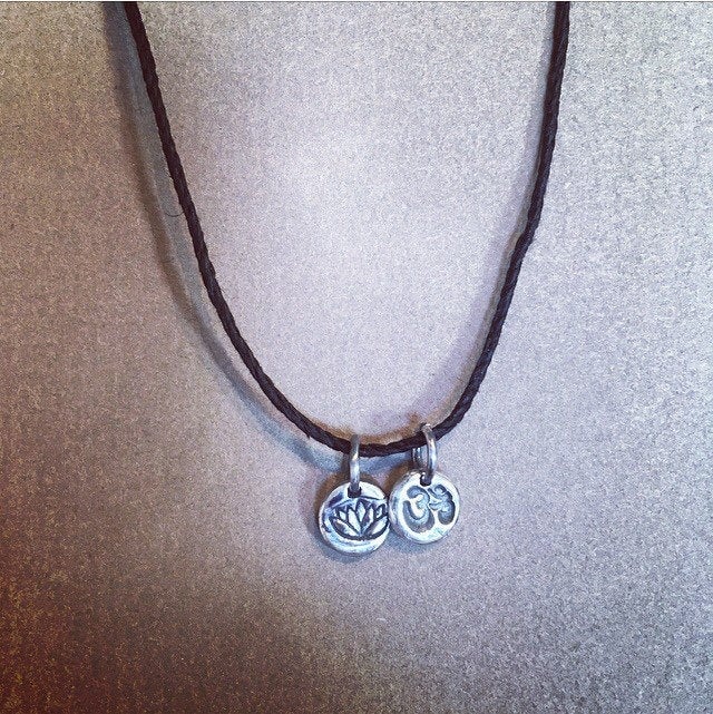 Image of Om/Aum &amp; Lotus flower charm necklace. Handmade silver charm, waxed hemp cord adjustable pendant.