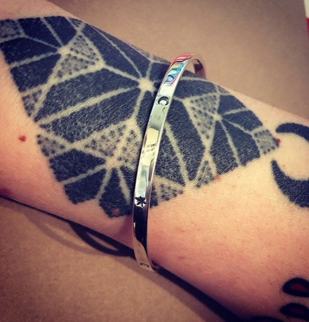 Celestial Crescent moon and star bangle sterling silver 925. Hand stamped cosmic bracelet.