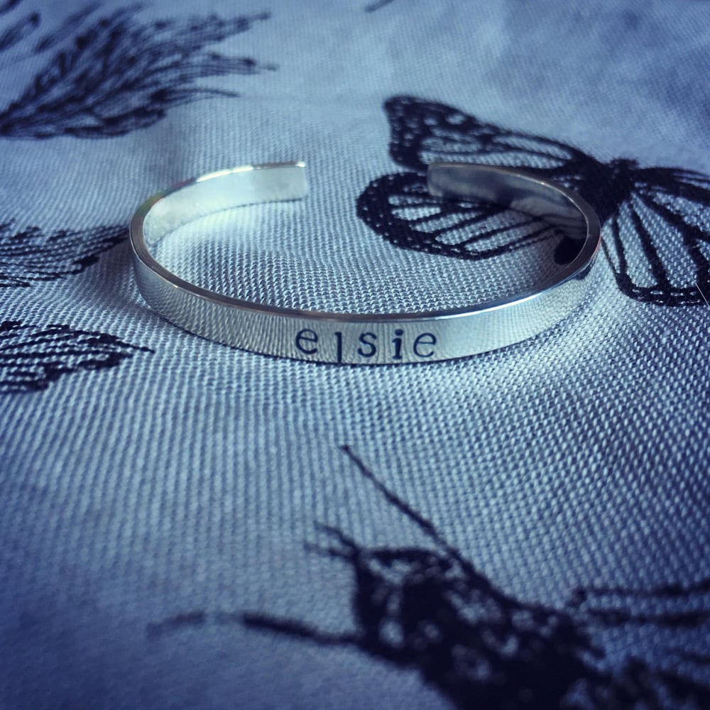 Childrens/adults sterling silver cuff bracelet, hand stamped name (4mm). Personalised silver cuff.m